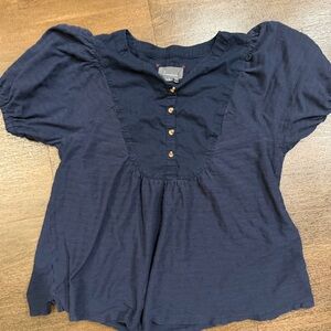 Anthropologie Top Blouse Large Navy Blue Elinor Puff Sleeve Textured Peasant